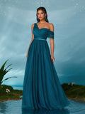 Royal Blue One Shoulder Sequin Sash Bridesmaid Dress