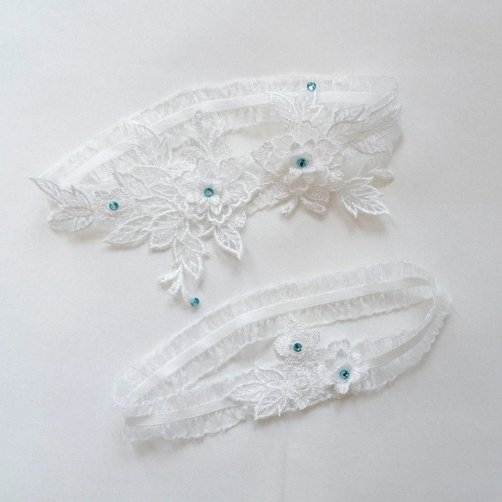 White Lace Appliques Wedding Garter for Bride Lace Leg Ring Loop  Garter Belt with Blue Crystals