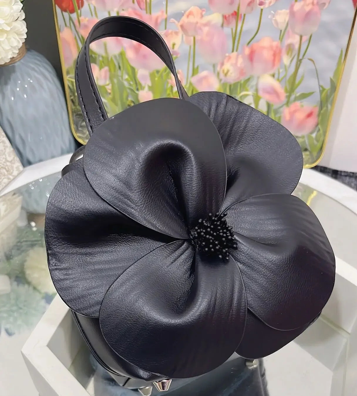 3D Floral Soft PU Leather Women Small Bucket Handbag Wedding Purse Dress Party Evening Bridal Clutch Bag