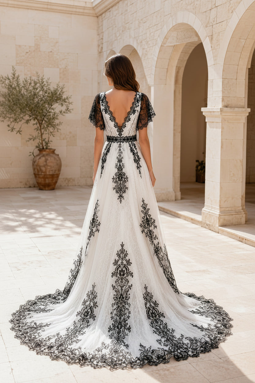 Lakshmigown Gothic Black Lace Wedding Dress V Neck Short Flutter Sleeve A Line Backless Chapel Train Bridal Gown Customized