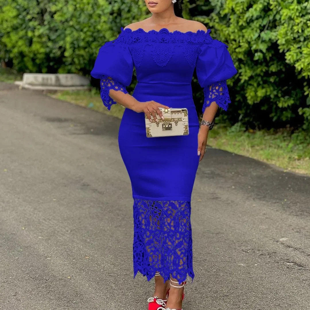 Off-Shoulder Lantern Sleeve Lace Sheath Dress