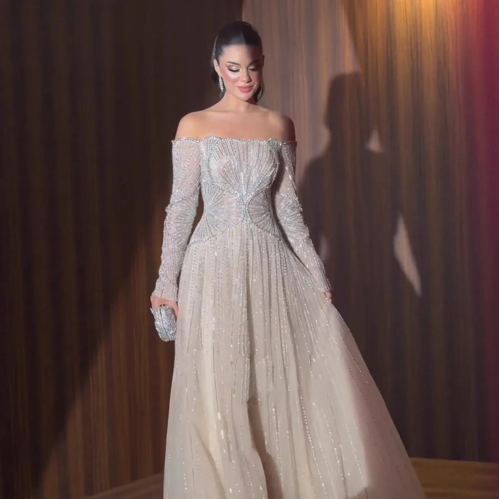 Aunber Customized Luxury Evening Dresses Beige Arabic Dubai Famous Designer A-Line For Wedding Party Dresses