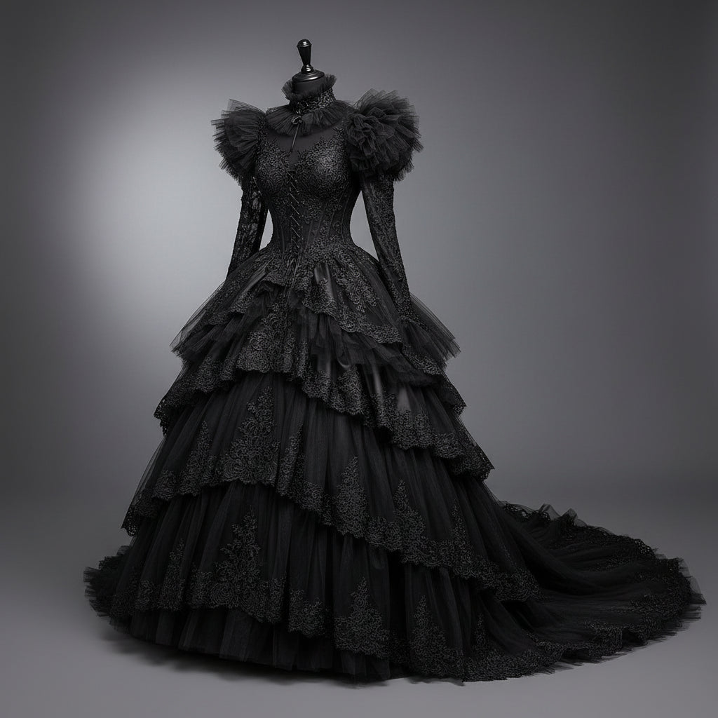 Black Gothic Vampire Wedding Dress High Neck Lace Long Flared Sleeve Ruffle Appliques Victorian Vintage Bridal Gown Customized