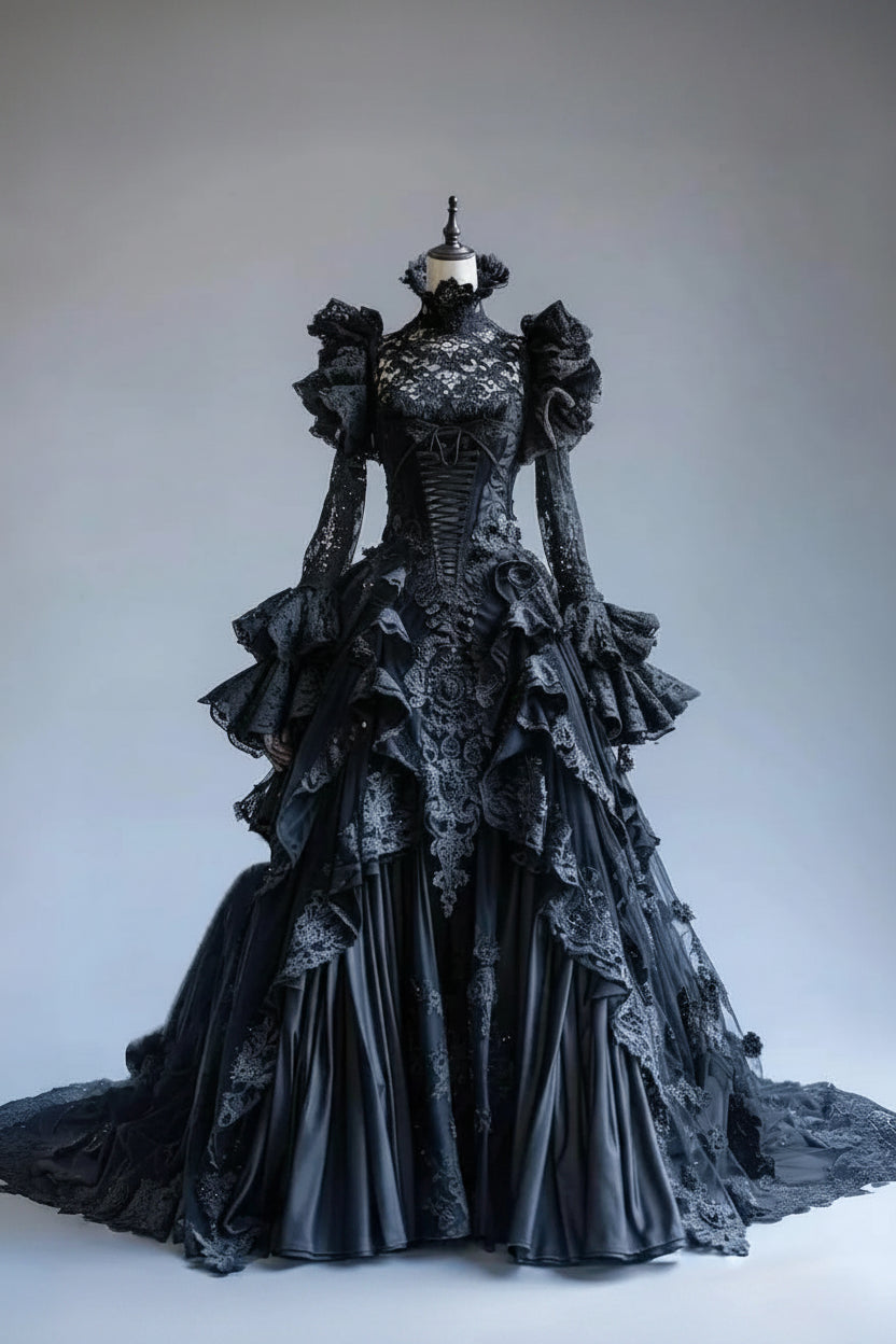 Black Gothic Vampire Wedding Dress High Neck Lace Long Flared Sleeve Ruffle Appliques Victorian Vintage Bridal Gown Customized