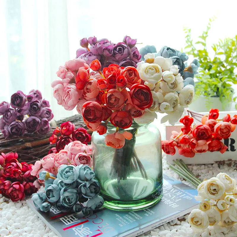 24Pcs Bride Handmade Bouquet Artificial Rose Flowers Wedding Bridesmaids Photography Props Home Decoration Mini Lotus Bouquet