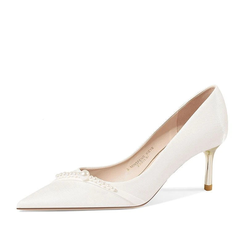 Women's Summer Footwear Bride Pumps Shoes for Woman 2025 Wedding Shoe on Heeled Pointed Toe Pearl Stilito High Heels Popular 39