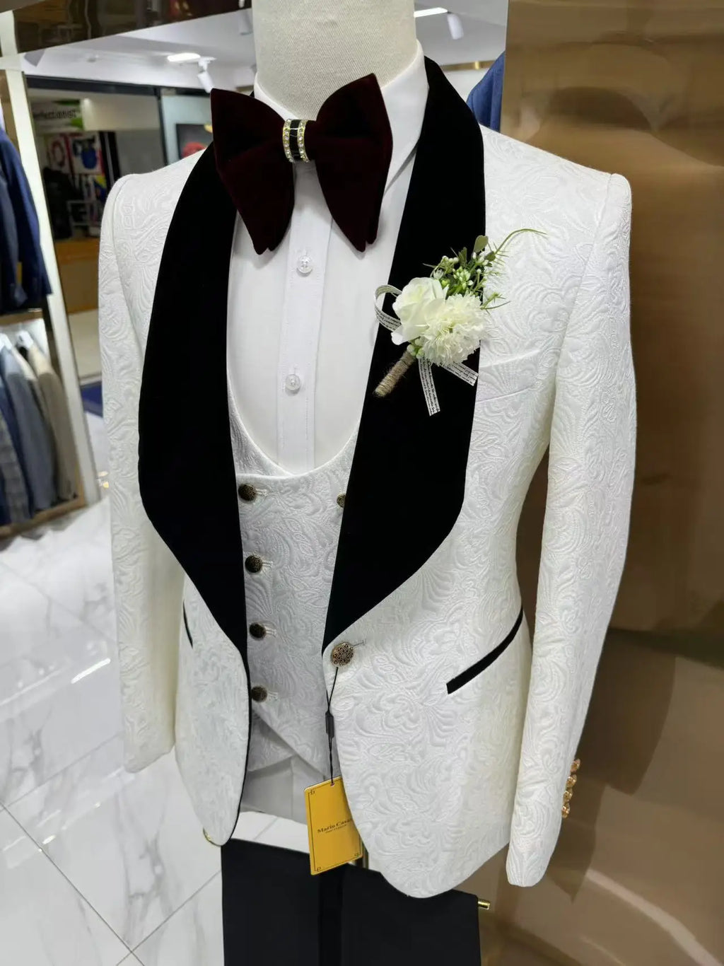 Thorndike Mens Wedding Suits White Jacquard with Black Satin Collar Tuxedo3 Pcs Groom Terno Suits for Men(Jacket+Vest+Pants)