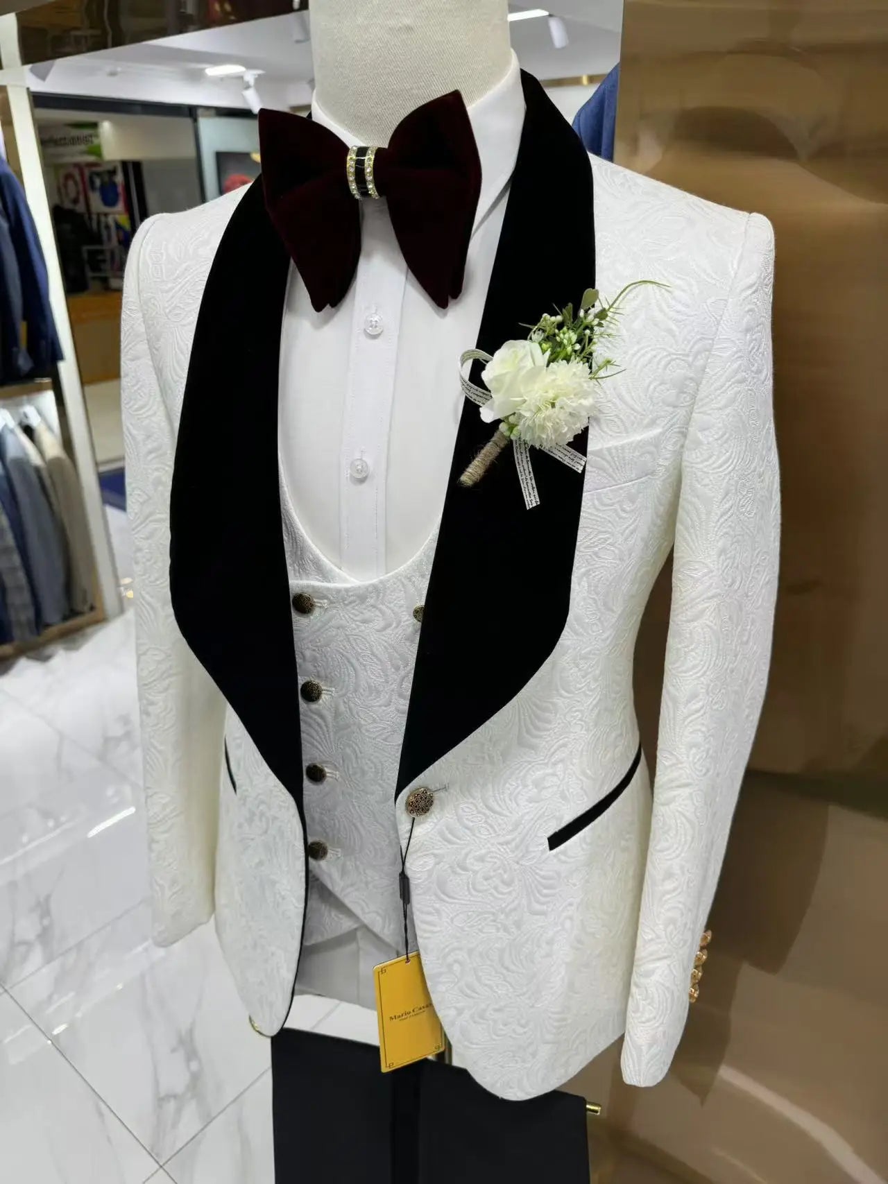 Thorndike Mens Wedding Suits White Jacquard with Black Satin Collar Tuxedo3 Pcs Groom Terno Suits for Men(Jacket+Vest+Pants)