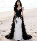 Enchanting Black And White Mermaid Gothic Wedding Dress 2026 Elegant Spaghetti Straps Tiered Tulle Lace Beach Bridal Gowns Ombre