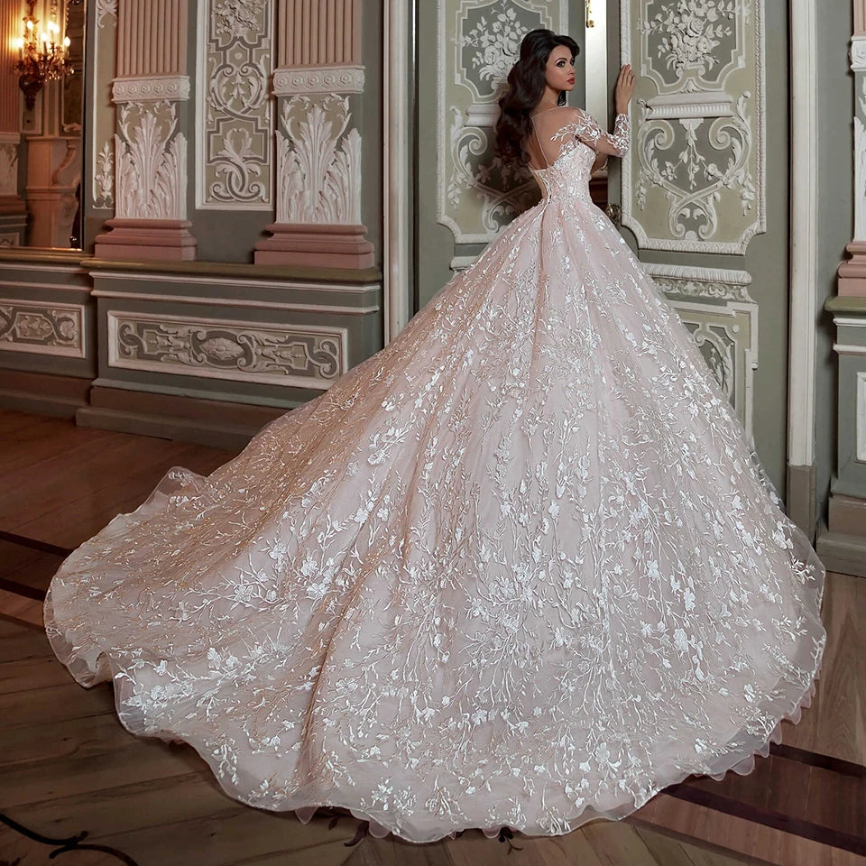2026 Luxury Wedding Dresses Ball Gown With Embroidery O-Neck Illusion Long Sleeves Bridal Gowns Lace Appliques Vestido De Noiva