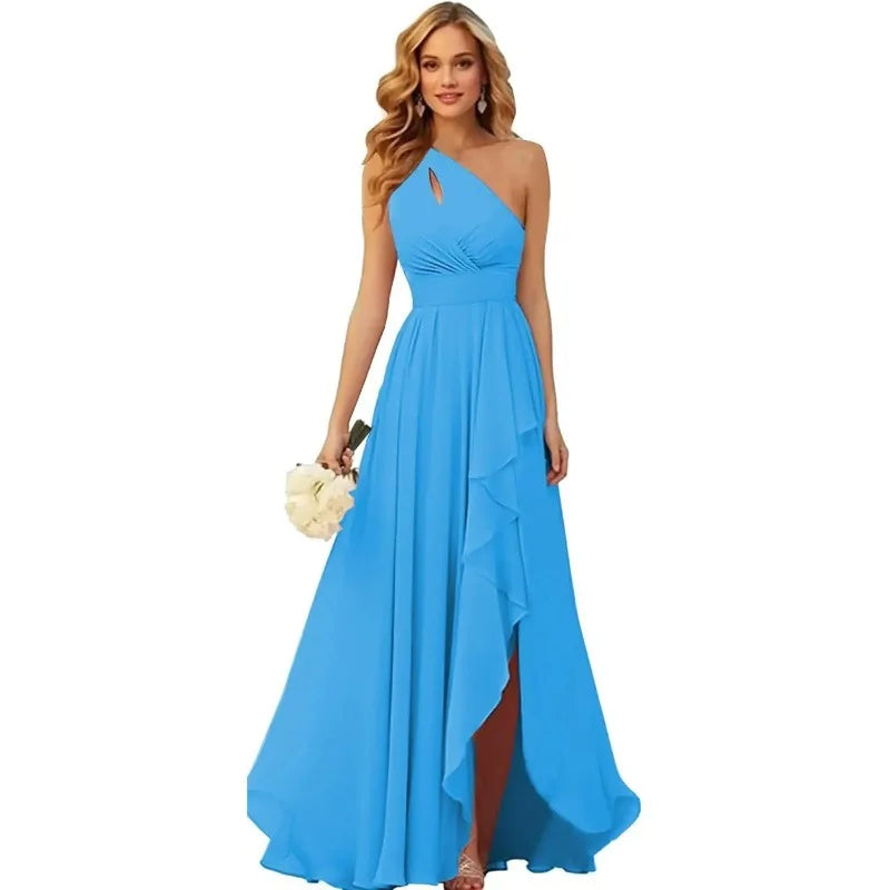 A Line Chiffon Bridesmaid Dresses One Shouder Slit Pleat Elegant Wedding Party Formal Prom Evening Lace Up Back