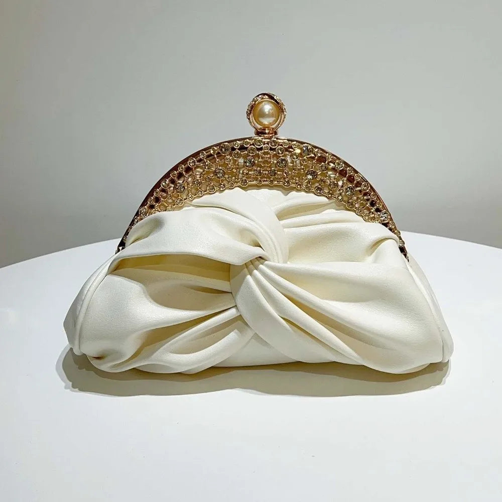 Sparkly Rhinestone Evening Clutch Pleated Hollow-out Bridal Wedding Purse Glittery Chic Ruched Knot Bag Hostess