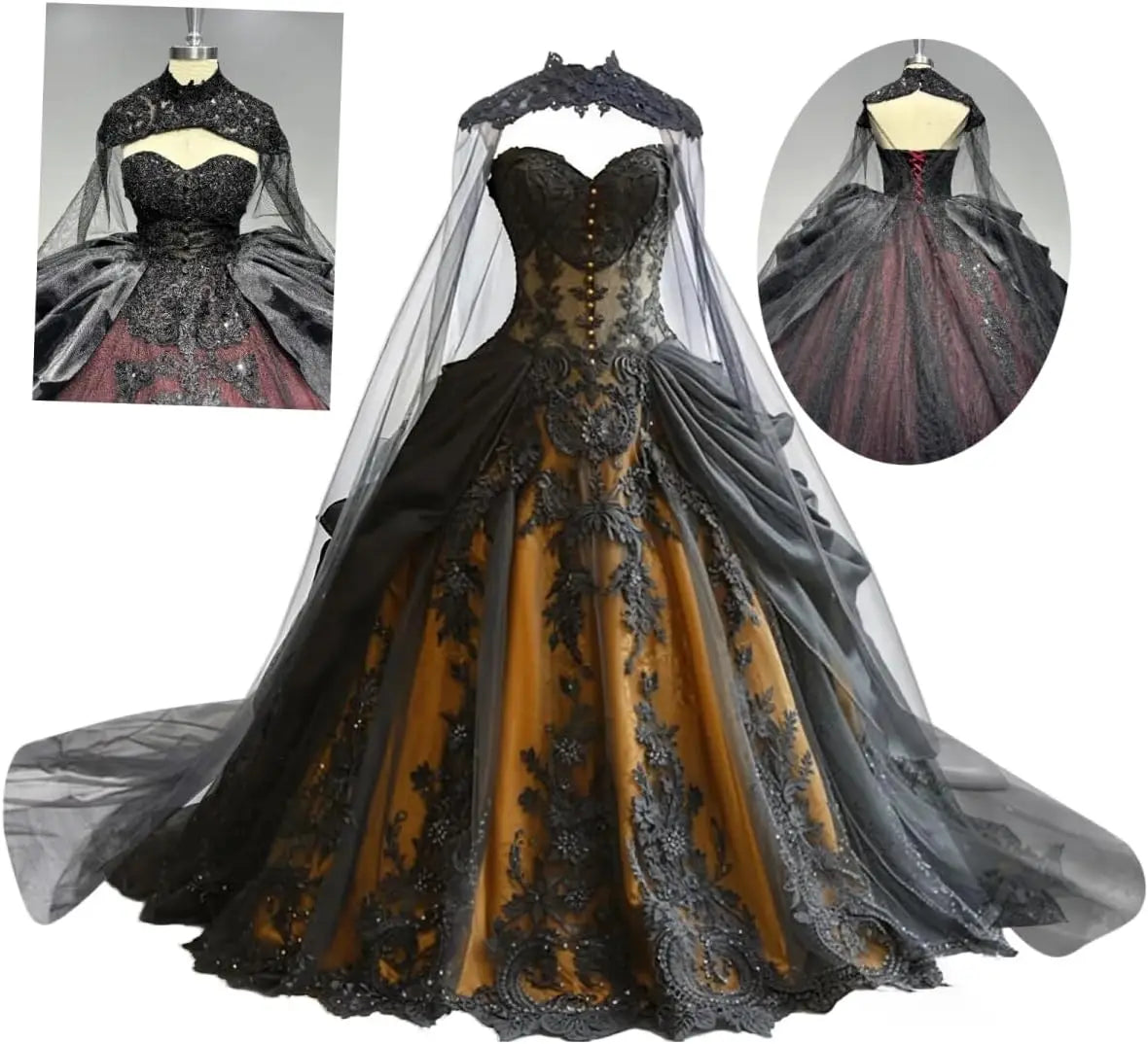Gothic Weeding Dresses for Brides Black Lace Applique Bridal Dresses Embroidery Tiered Tulle Wedding Gowns with Cape