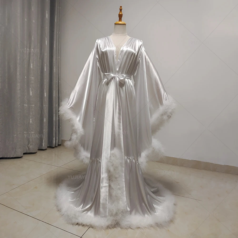 Customized Robe for Women Flare Sleeves Feather Bridal Robe Nightgown Silk Satin Wedding Party Dressing Gown Photography Dress