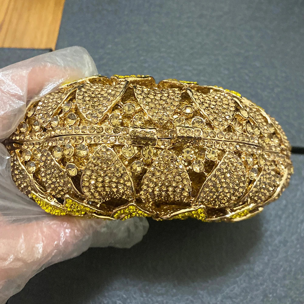 Gold/Yellow Sunflower Clutch Crystal Round Evening Bags Women Wedding Purse Bridal Bags Party Dazzling Diamond Handbags Minaudie