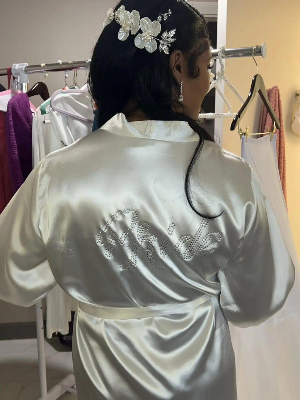 Long Satin Feather Trim Bridal Robe