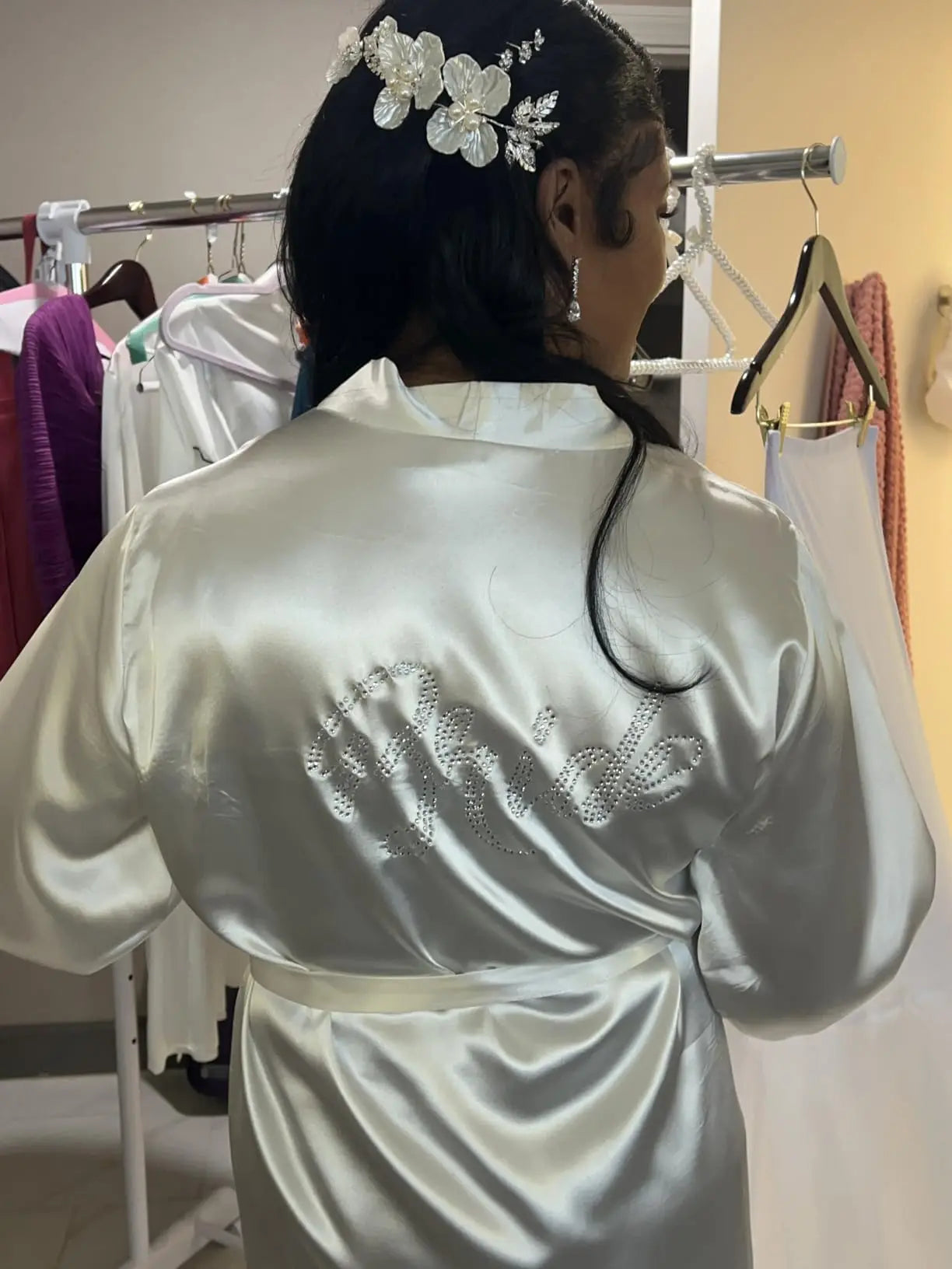 Long Satin Feather Trim Bridal Robe