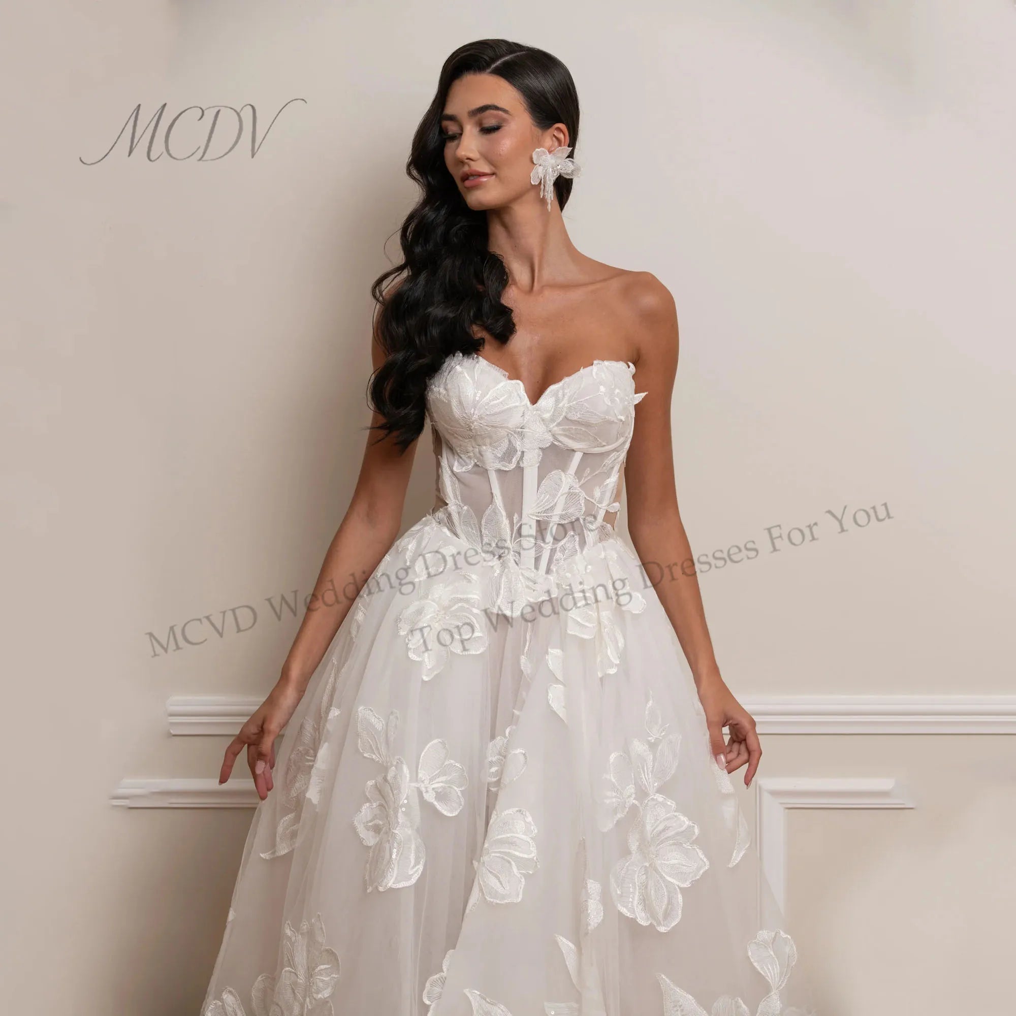 3D Floral Lace Tea Length Bridal Midi Dress