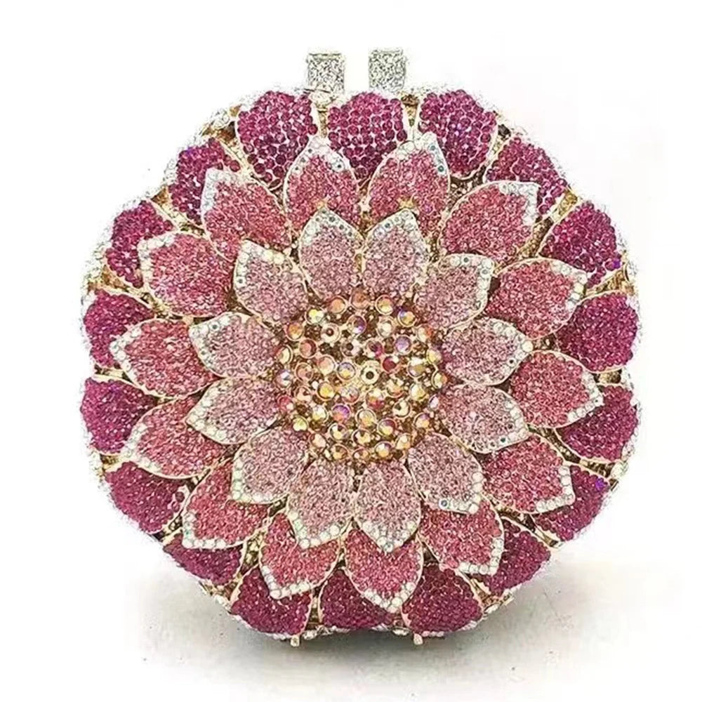 Gold/Yellow Sunflower Clutch Crystal Round Evening Bags Women Wedding Purse Bridal Bags Party Dazzling Diamond Handbags Minaudie