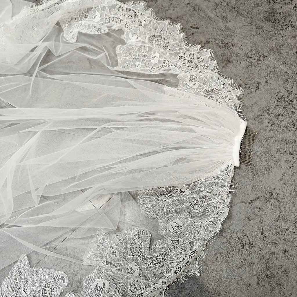 Customized Elegant Long Wedding Veil with Eyelash Lace, Single Tier 2.5m/3m/3.5m Ivory Wedding Veil with Comb, Lace Bridal Veil