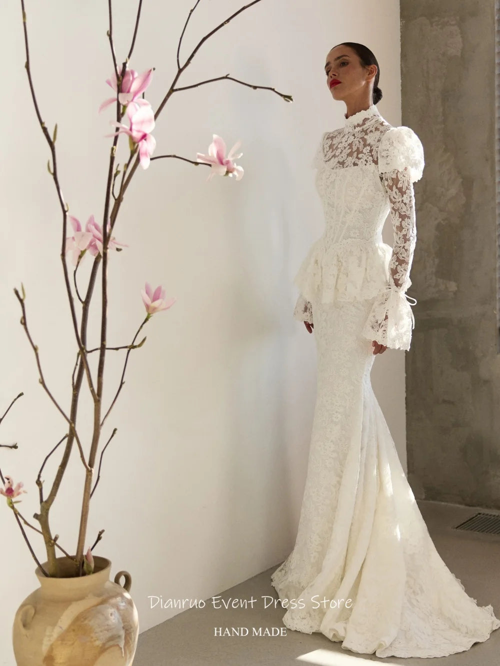 Dianruo Modest High Neck Wedding Dress Long Puff Sleeves Mermaid Vestido Novia Civil Appliques Vintage Robe De Mariée Customized