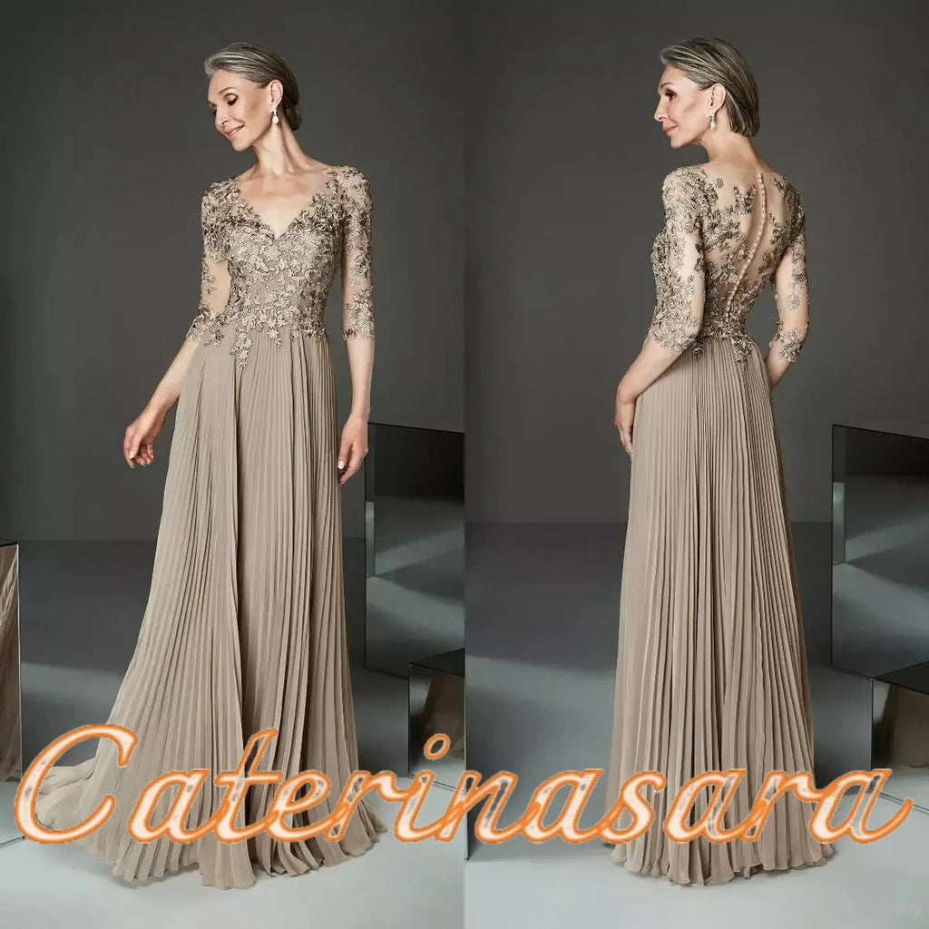 Elegant Mother of the Bride Dress Chiffon Half Lace Sleeves Appliques Floor Length Long Formal Evening Gwons vestidos de fiesta