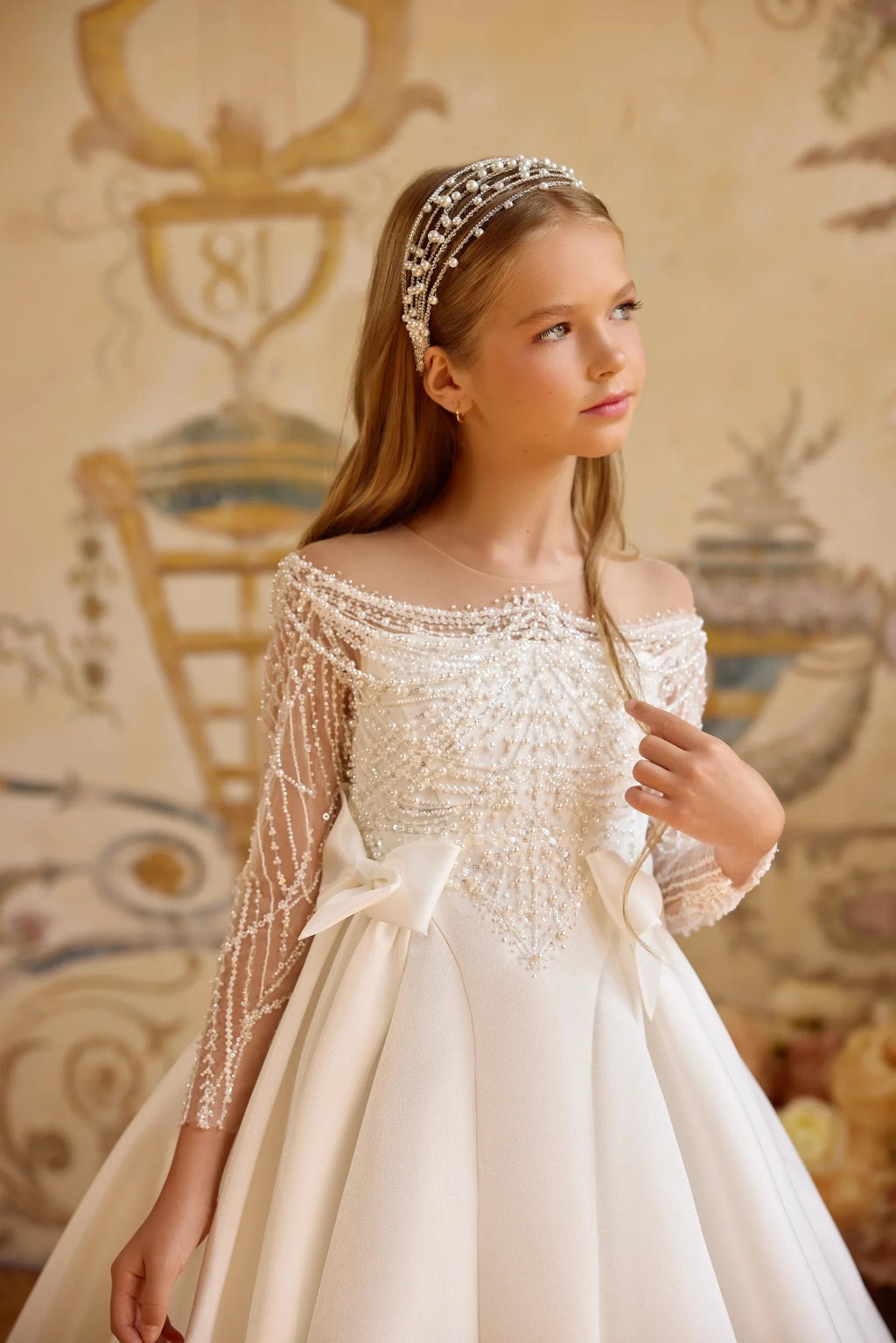 Pearl Beaded Ball Gown Flower Girl Dress
