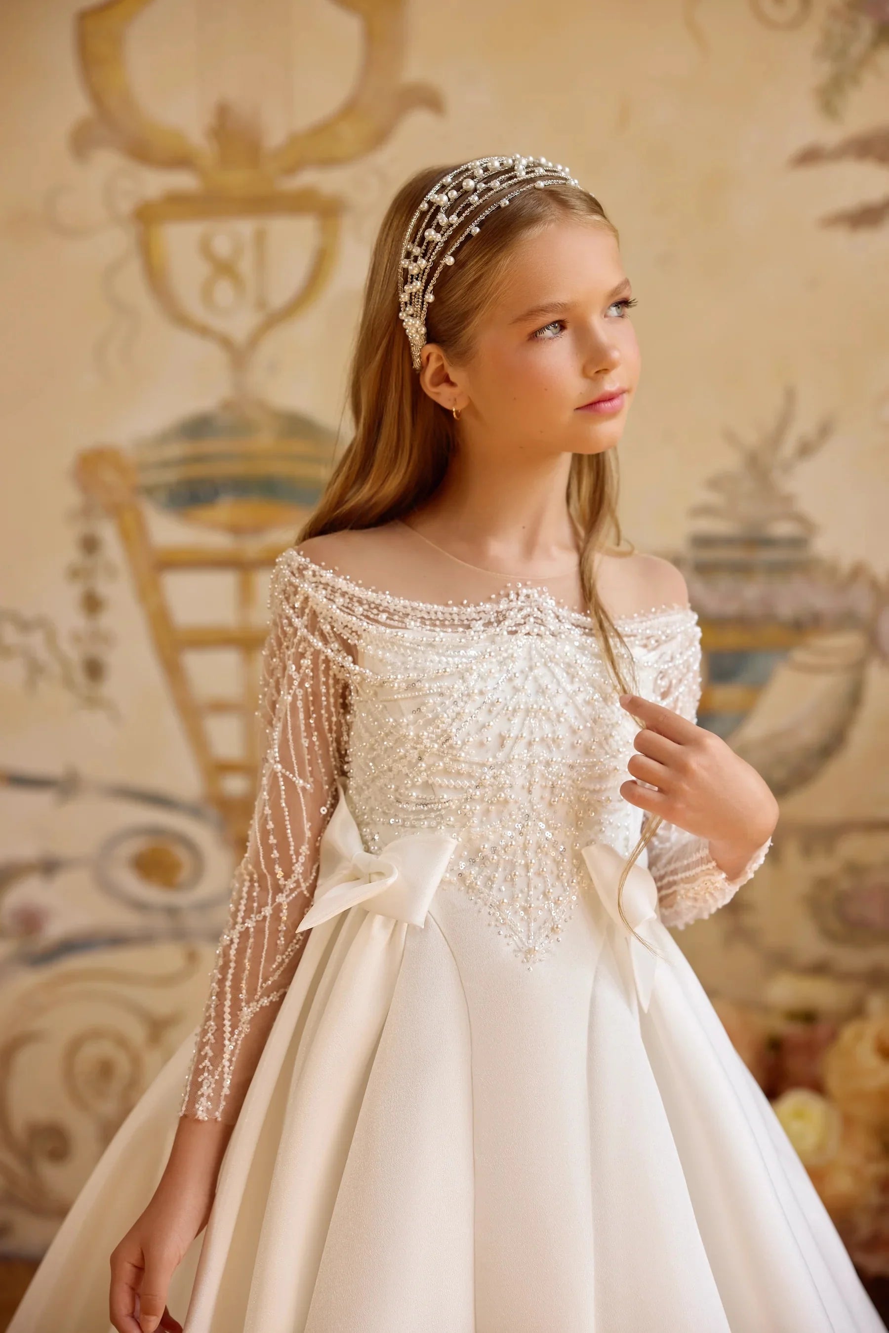 Pearl Beaded Ball Gown Flower Girl Dress
