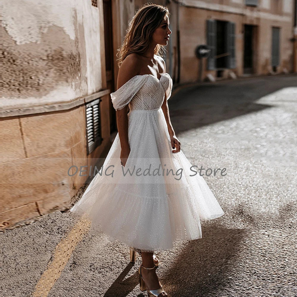 Short Boho Off-Shoulder Tea Length Wedding Dress