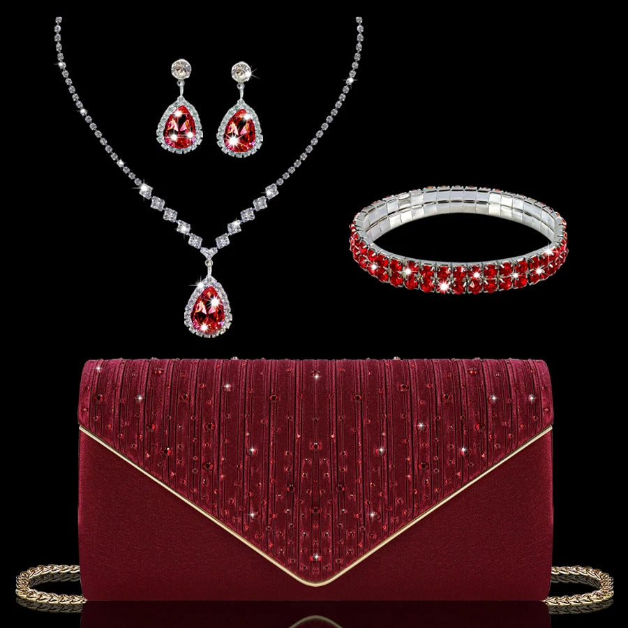Elegant party clutch embellished with gorgeous rhinestones, paired with stunning rhinestone necklace, earrings and bracelets.