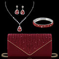 Elegant party clutch embellished with gorgeous rhinestones, paired with stunning rhinestone necklace, earrings and bracelets.