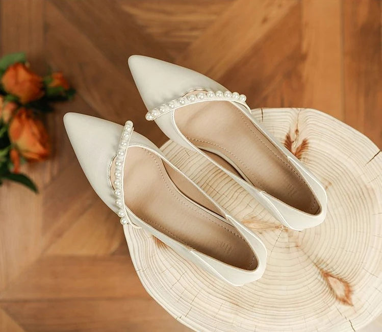 With Medium Heels Shoes for Women 2025 Wedding Bride Shoe White Ladies Summer Footwear Pearl Office Slip on Lastest Casual Trend