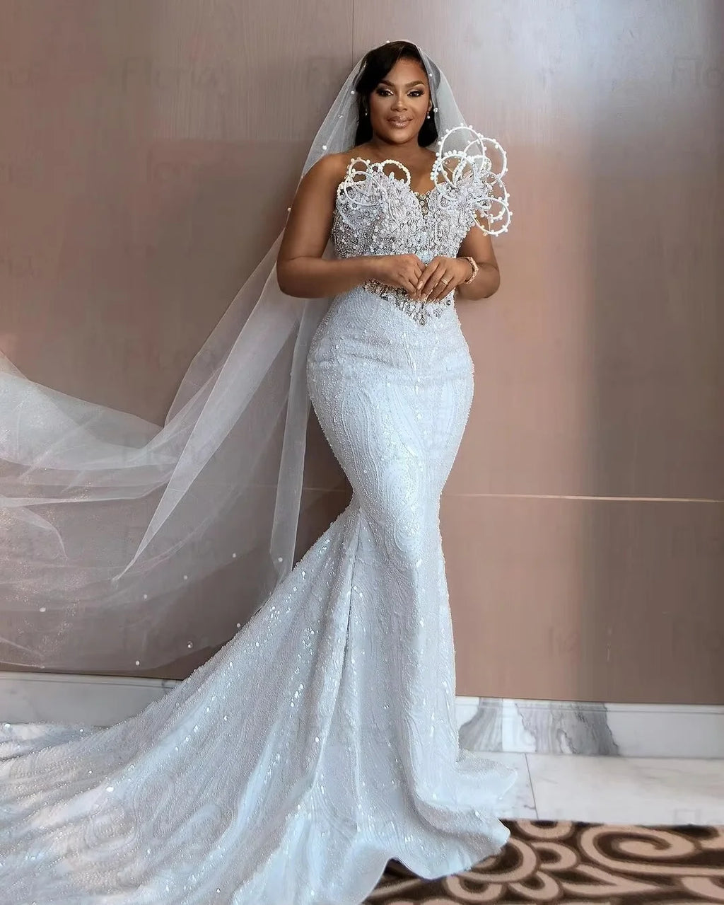 Beaded Lace Mermaid Wedding Dress with Court Train