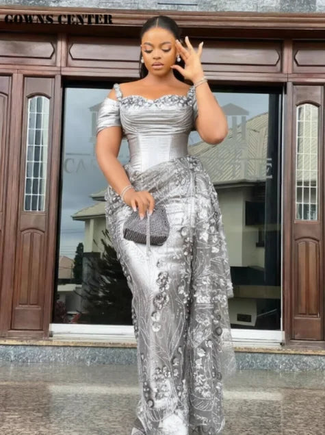 Fabulous Brown Lace Evening Dresses African Traditional Wedding Bride Dress Luxury Beads Lace Birthday Dress Asoebi Costomized