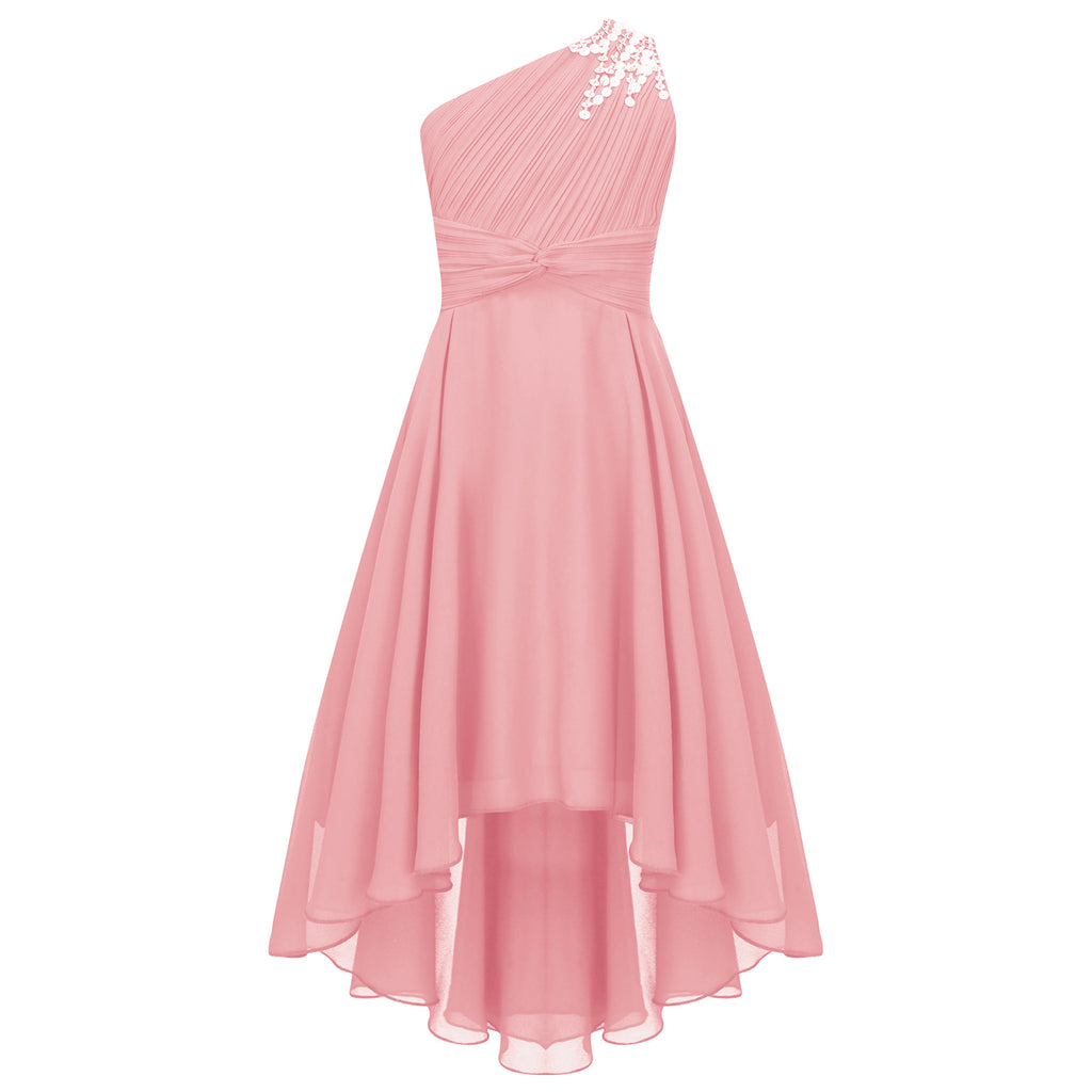 Kids Wedding Flower Girls Dress Shiny Beaded One Shoulder Chiffon Princess Dress Elegant Evening Pageant Birthday Party Gown