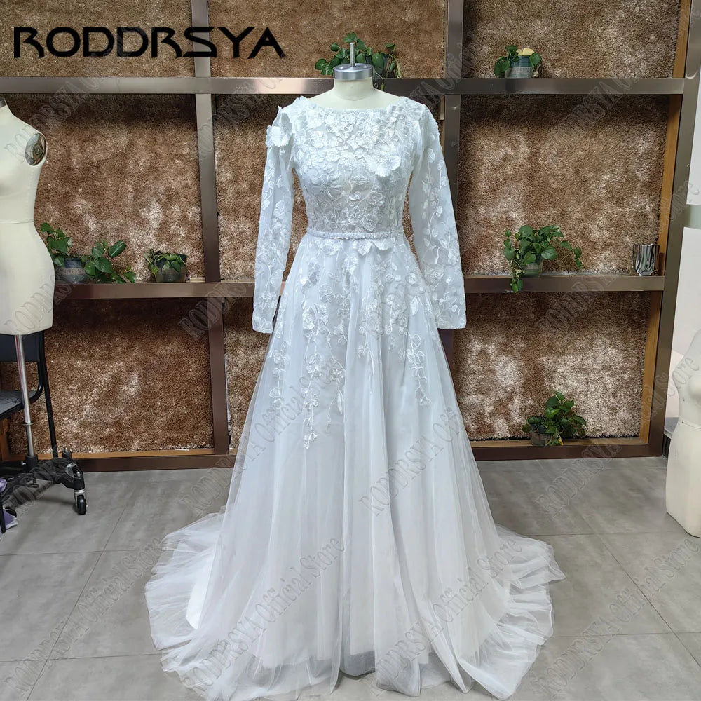 RODDRSYA Muslim Wedding Dresses 2025 Bride Long Sleeves Flowers A-Line Lace Bride Gowns Applique robe mariée boheme Customized