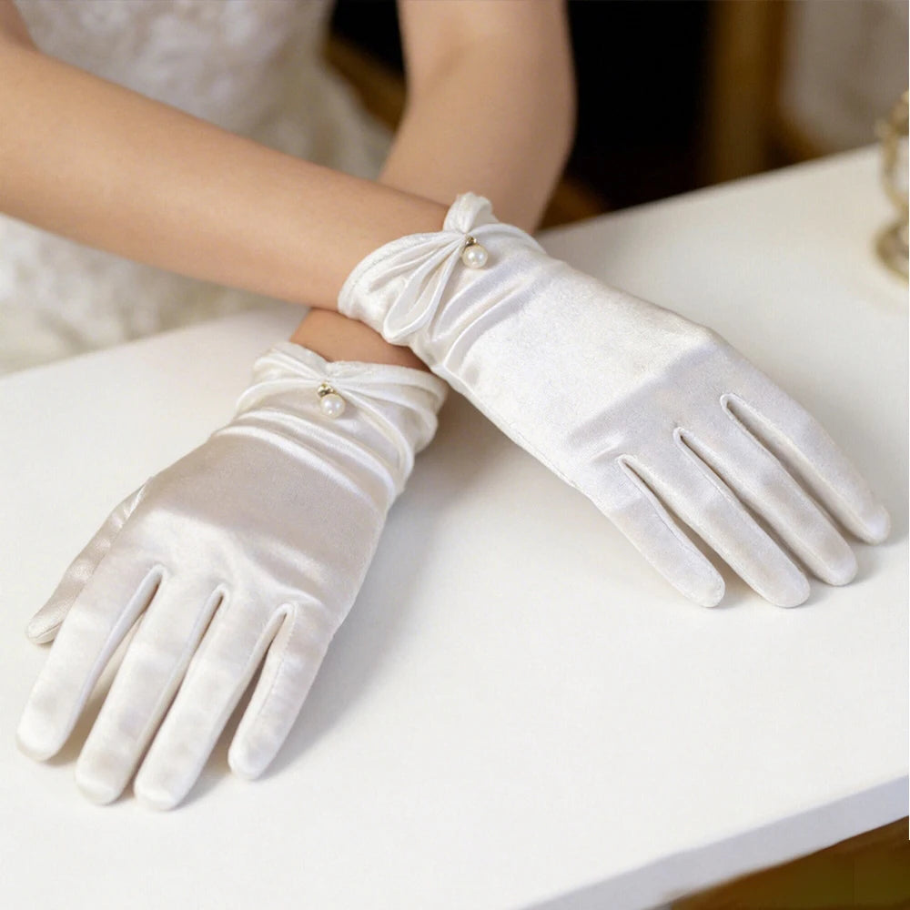 Bridal Gloves Short Elegant Satin Wedding Glove with Pearl Bows Sun-Protective Stretchable Vintage-Style Gloves Accessories