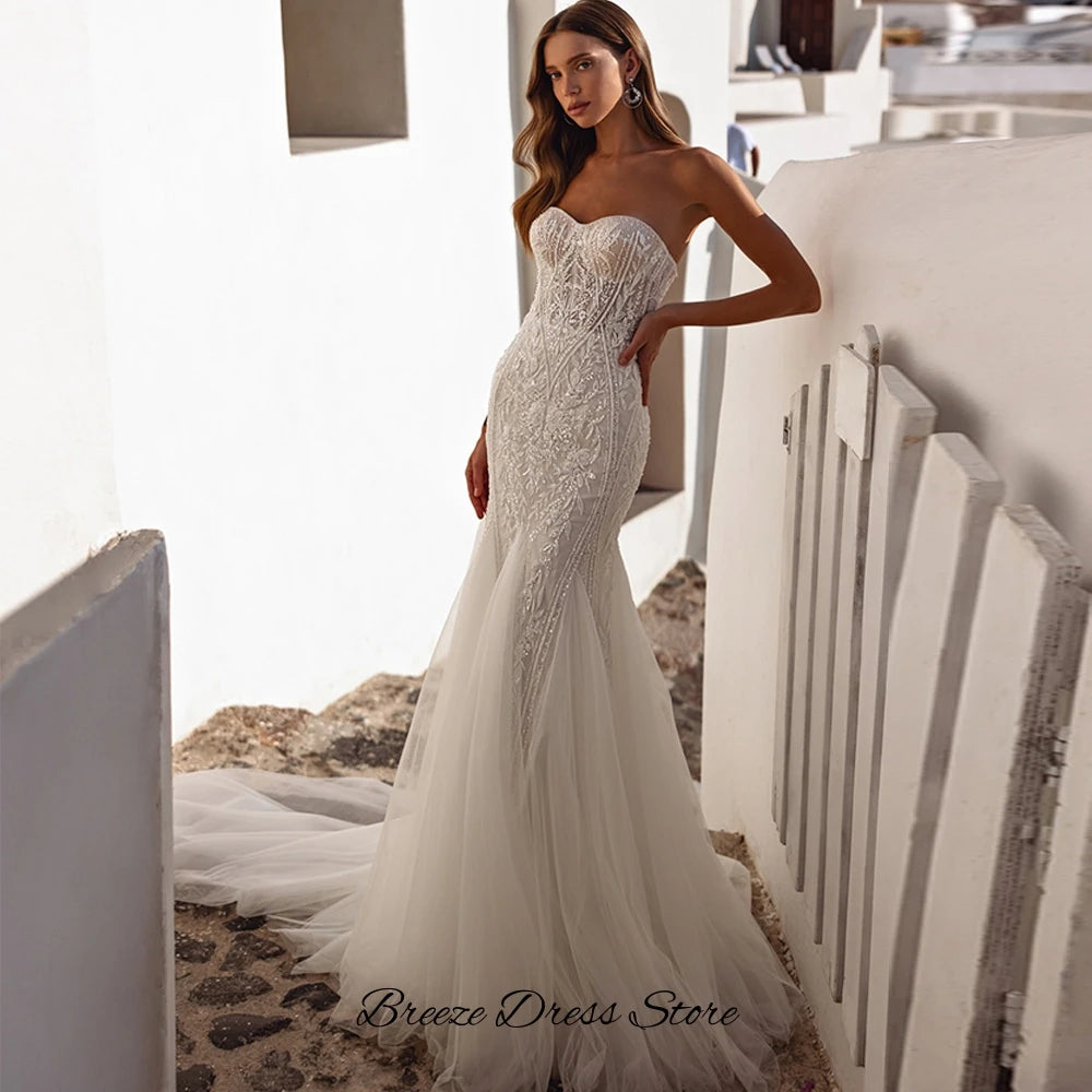 Strapless Beaded Applique Mermaid Bridal Gown