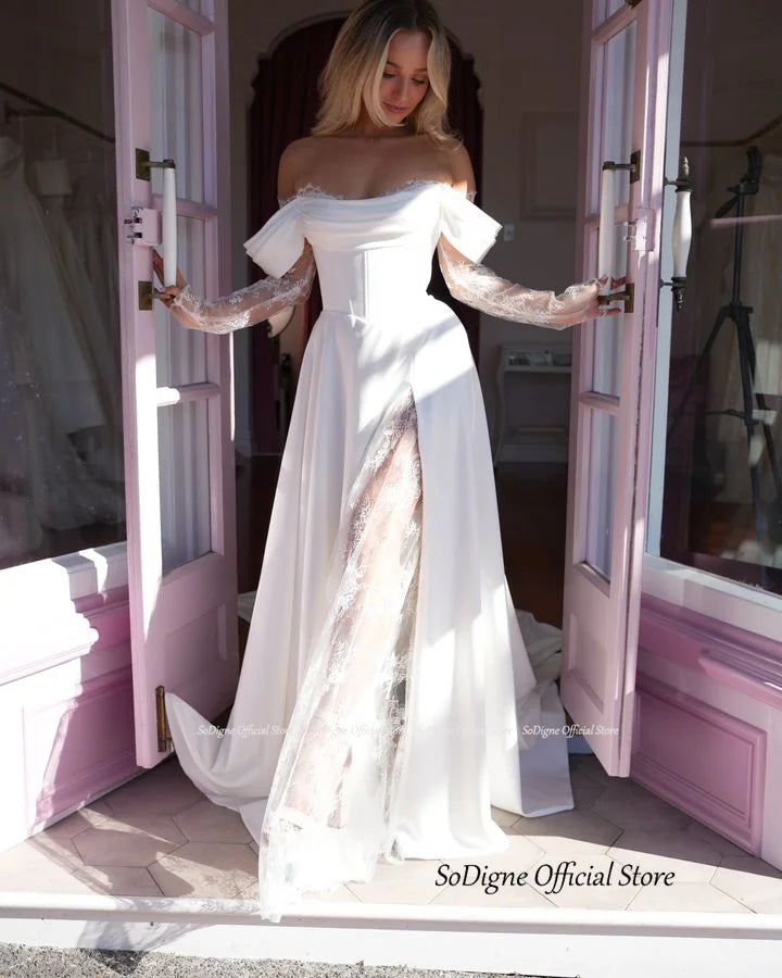 SoDigne A-line Wedding Dresses Off Shoulder Long Sleeve Satin/Lace Bridal Dress Elegant Bride Gown Vestidos De Novia Customized
