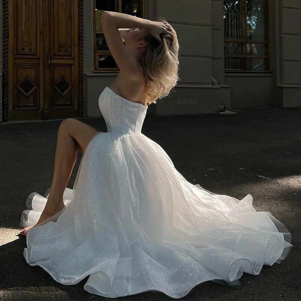 Glitter Tea Length Wedding Dress with Pockets