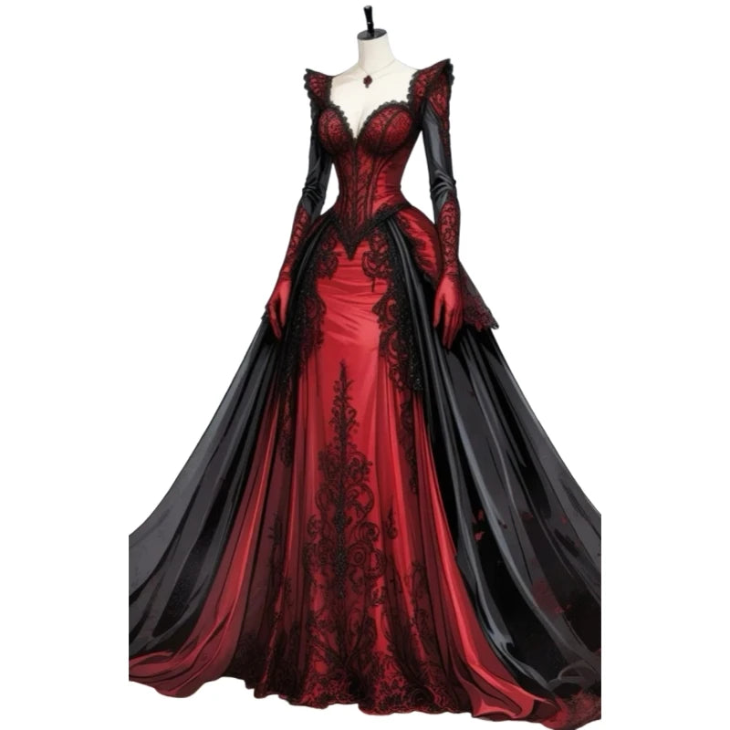Full Sleeves Vampire Gothic Wedding Dress Lace Appliques A-Line Long Vintage Victorian Corset Bridal Gown Customized