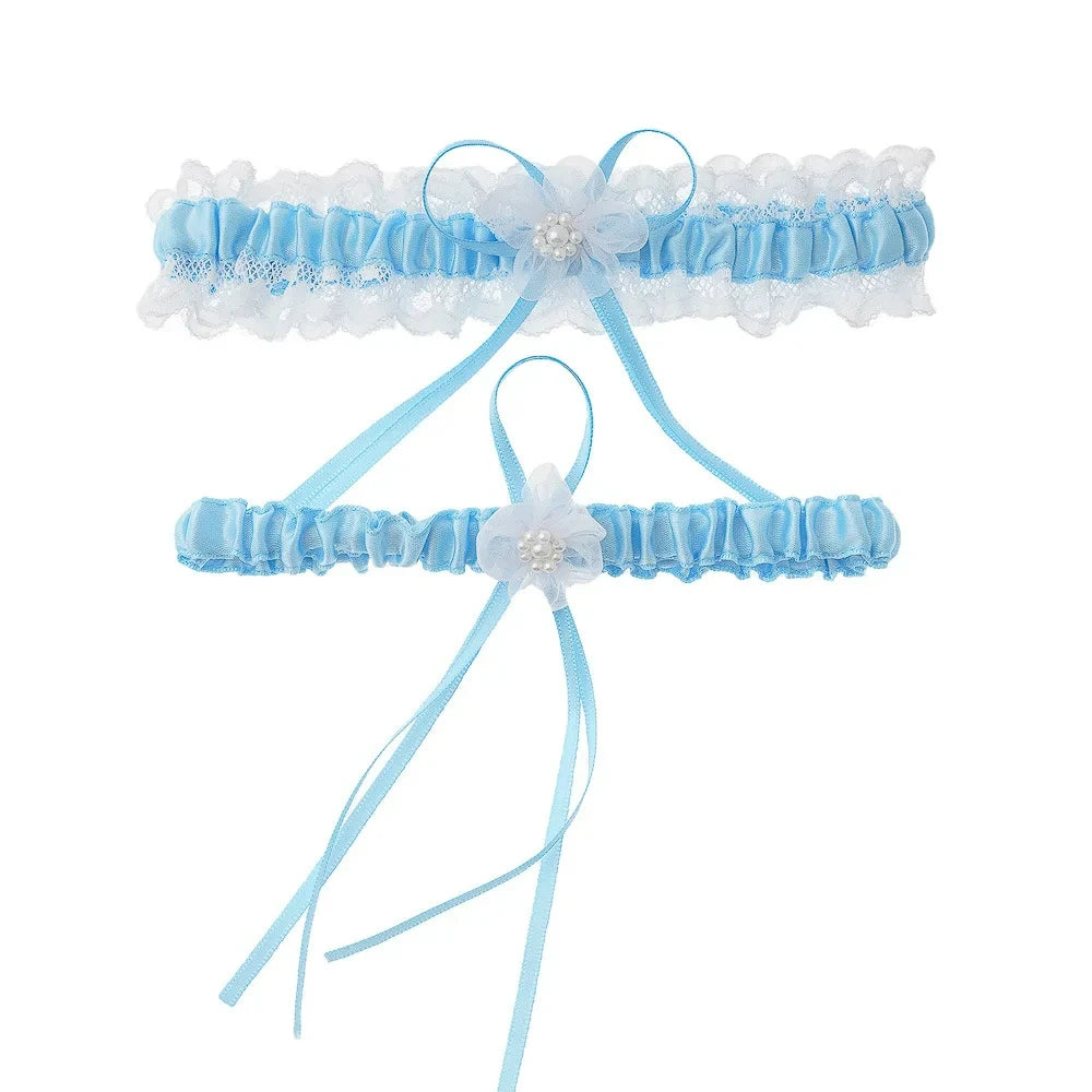 Satin Sash Flower and Pearl Bridal Garter Set