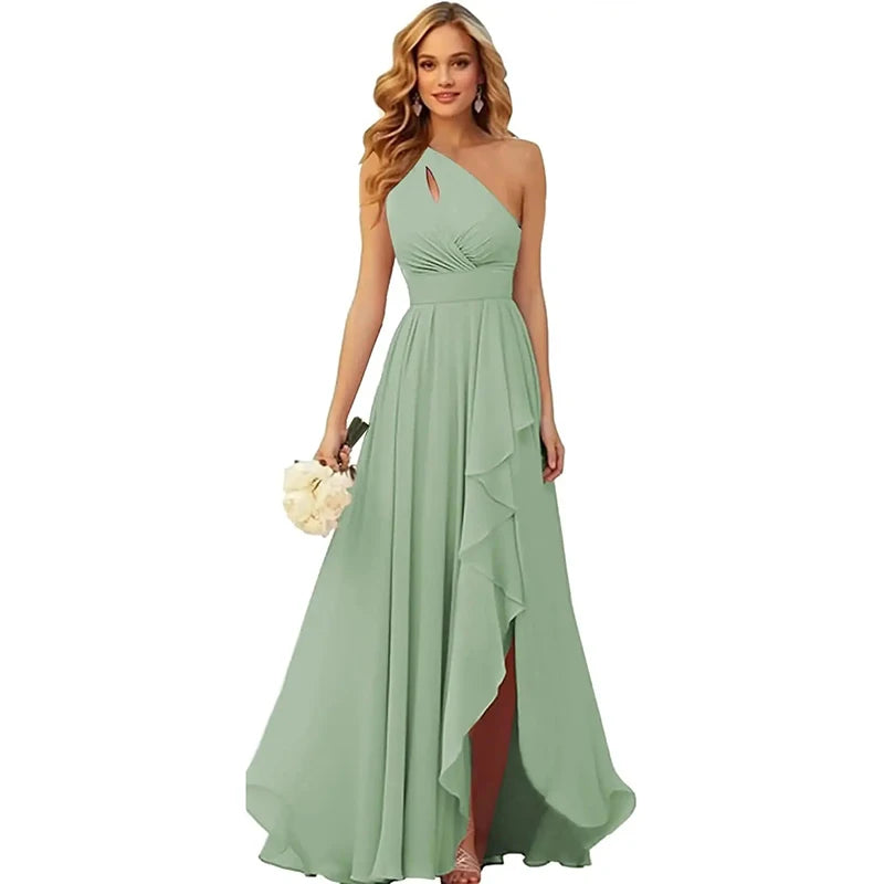 A Line Chiffon Bridesmaid Dresses One Shouder Slit Pleat Elegant Wedding Party Formal Prom Evening Lace Up Back