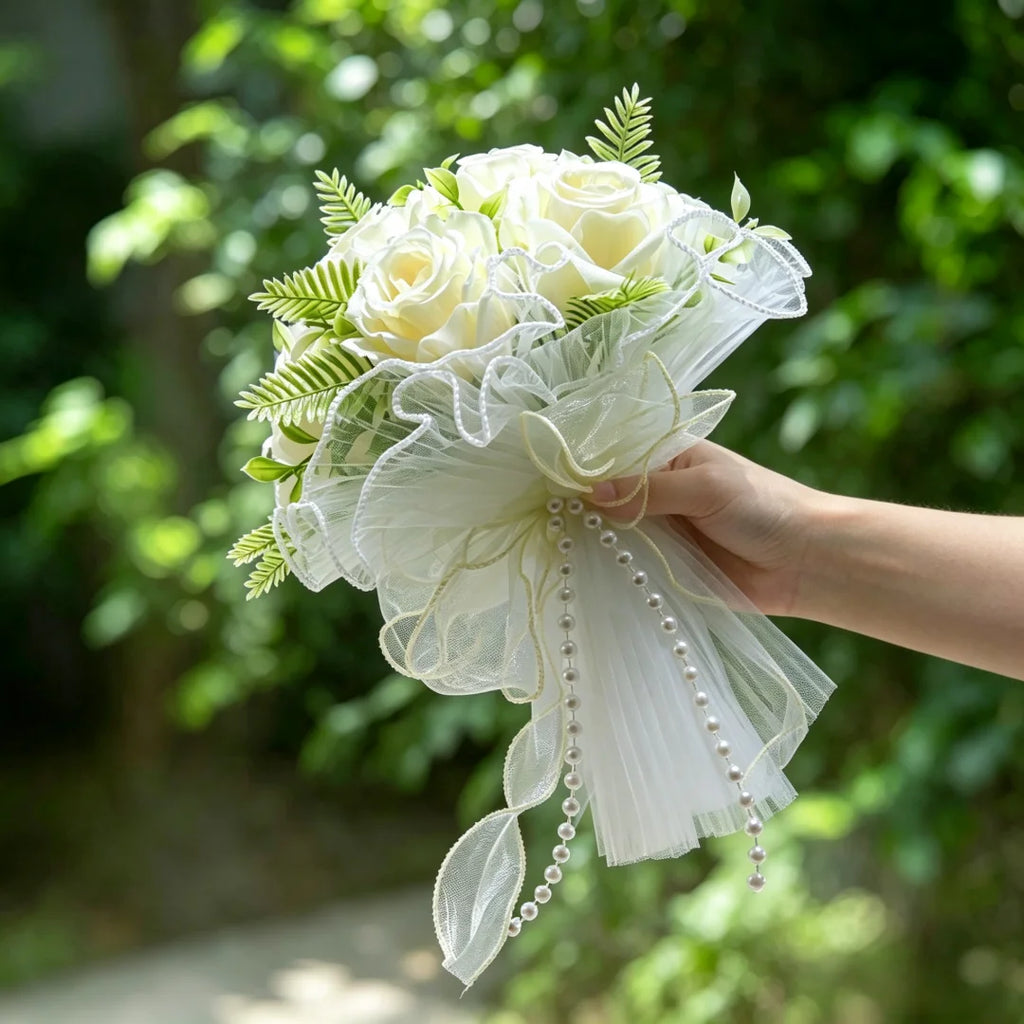 Pearl Rose Bridal Bouquet Artificial Silk Flower Hand Bouquet Pearl Lace Mesh Ball Ribbon Elegant Wedding Bridesmaid Bouquet