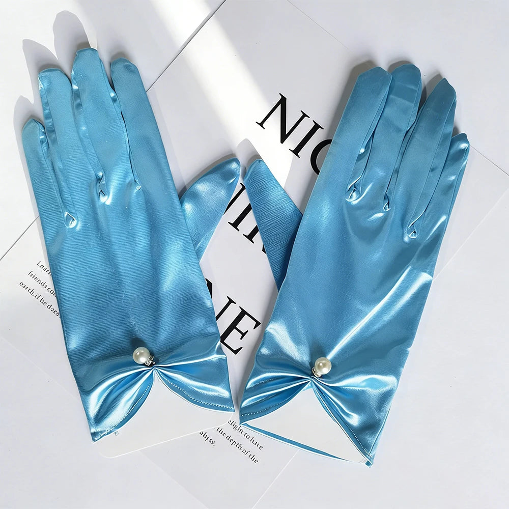 Short Satin Bridal Gloves with Pearls and Bows