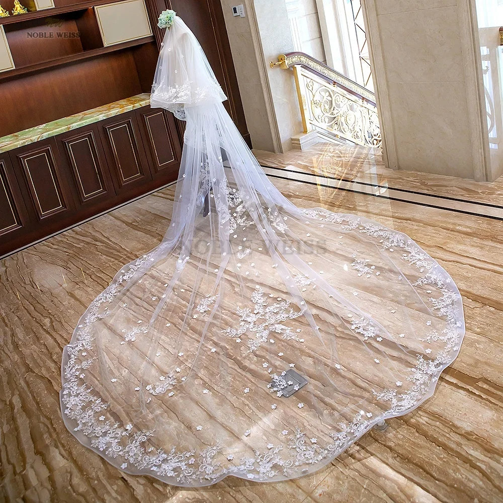 Long Wedding Veils With Comb Two Layers Appliques Bride Veil Lace Edge Tulle Veils Accessories 3m*4m Customized