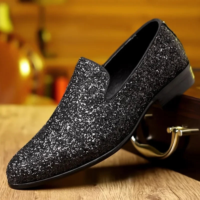 Men Formal Party Shoes New Luxury Loafers Men Gold Silver Sequin Wedding Shoe Fashion Designer Slip on Flats High Quality