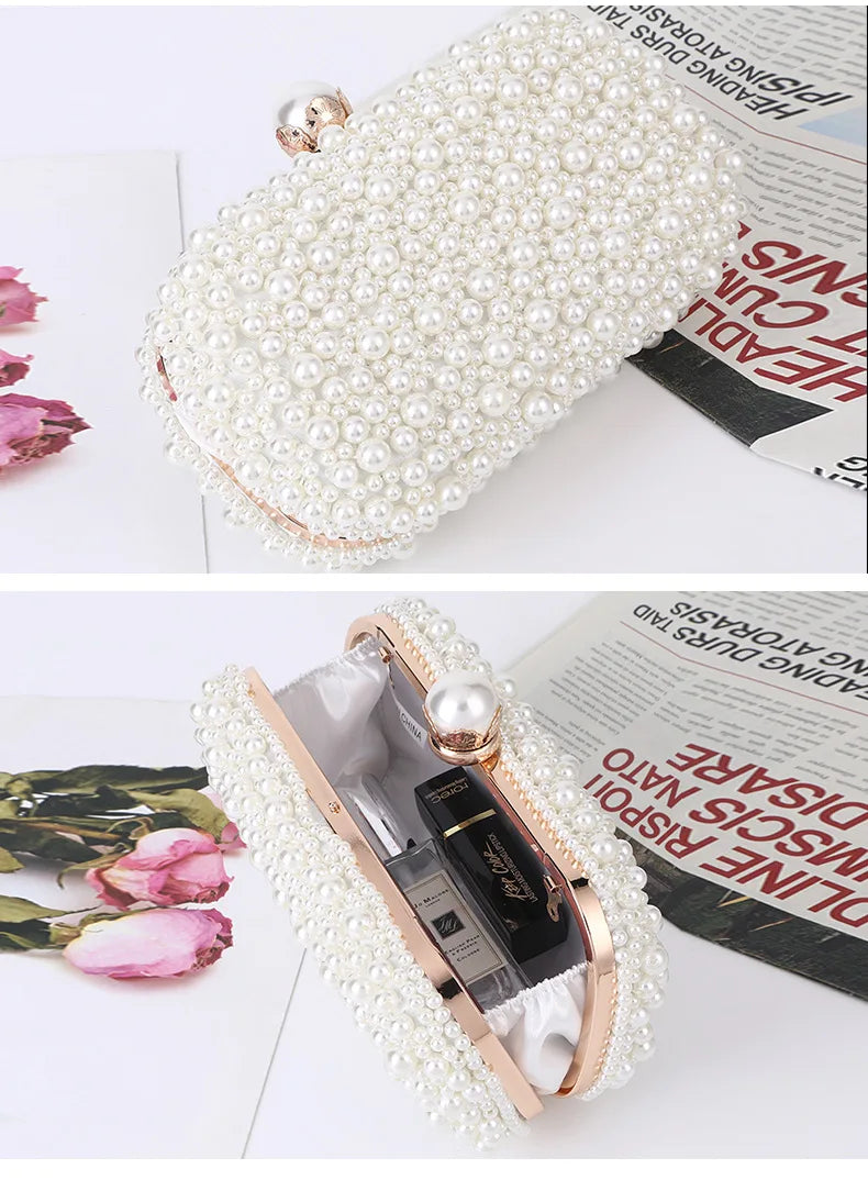 Elegant Pearl Evening Shoulder Bag Soft Small Square Purse with Lock for Women Wedding Bridal Crossbody Party