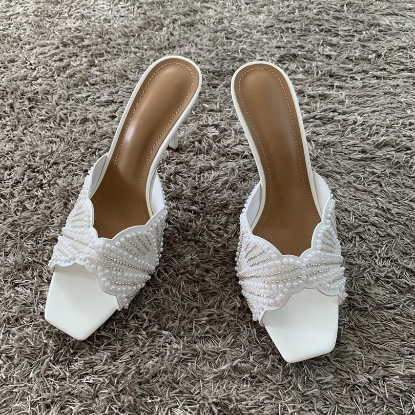 Elegant Summer High Heels Women Mules Sandals Open Toe Pearl Beaded Female Stilettos Slip on Party Wedding Dress Shoes Woman