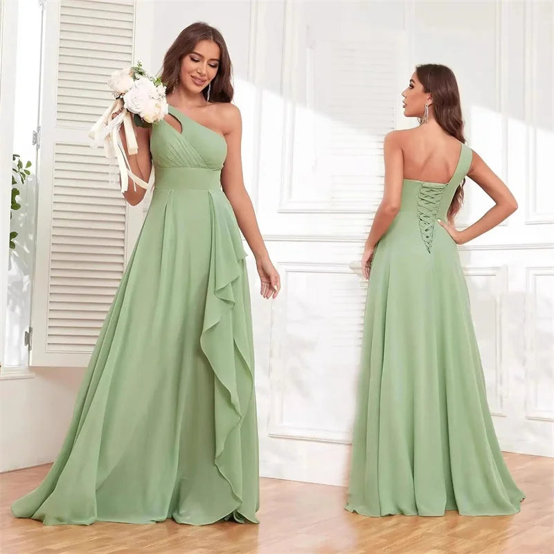 A Line Chiffon Bridesmaid Dresses One Shouder Slit Pleat Elegant Wedding Party Formal Prom Evening Lace Up Back